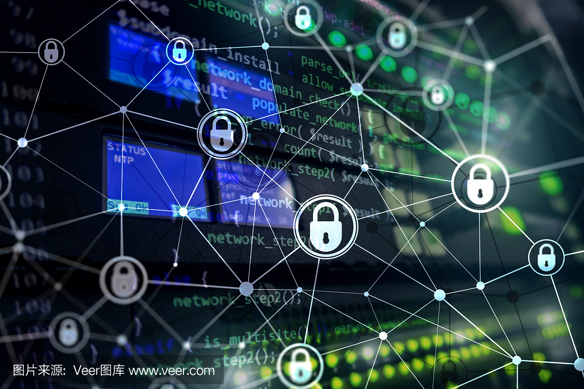 網絡安全,信息隱私,數據保護概念在現代服務器室背景下。互聯網和數字技術的概念。